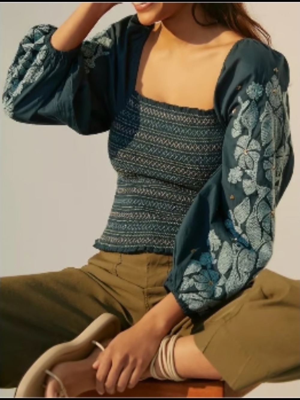 Anthropologie Teal Embroidered Smocked Square-Neck Crop Top